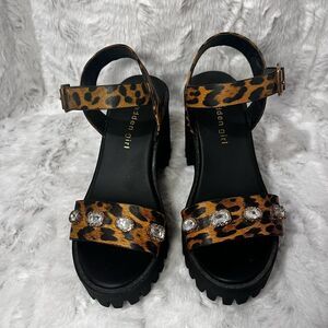 MADDEN GIRL SIZE 6 - Black and Leopard Print Chunky Sandals w/ Gem Accents